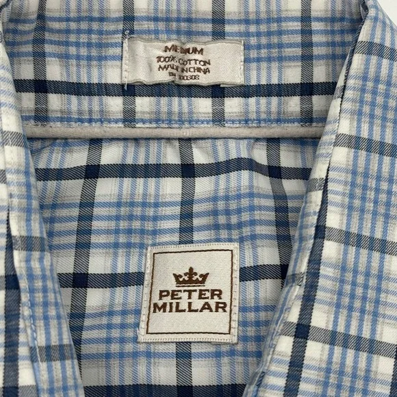 Peter Millar Men's Medium Blue Plaid Check Button Down Long Sleeve Shirt Crown - Picture 3 of 10
